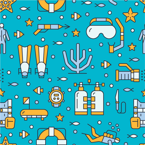 Scuba diving, snorkeling seamless pattern, water sport vector blue background. Summer activity cute repeated wallpaper with spearfishing equipment icons - mask tube, flippers. Good for kids textile. - Vector, Image