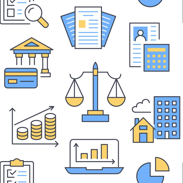 Financial accounting seamless pattern with flat line icons. Bookkeeping background, tax optimization, loan, invoice, real estate crediting. Accountancy, finance colored backdrop for legal services. - Vector, Image