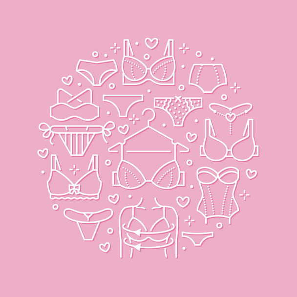 Lingerie circle poster with flat line icons of bra types, panties. Woman underwear background, vector illustration of brassiere, bikini, swimwear. Cute pink white concept for clothes store brochure. - Vector, Image