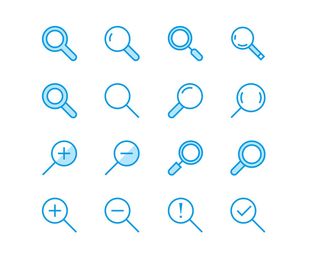 Iconos de vectores de línea plana de lupa. Buscar, acercar y alejar icono. Signos delgados para la interfaz de usuario. - Vector, imagen