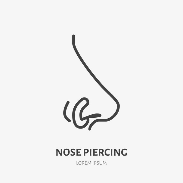 Icona linea piercing naso, pittogramma vettoriale di gioielli viso. Piercing logo dello studio, illustrazione lineare. - Vettoriali, immagini