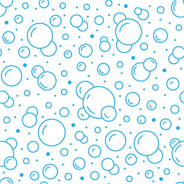 Burbujas vector patrón sin costura con iconos de línea plana. Textura de jabón de color blanco azul. Fondo de agua mareado, abstracto efecto efervescente fondo de pantalla. - Vector, Imagen