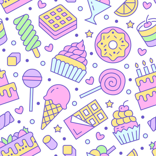 フラットラインアイコンと甘い食べ物のシームレスなパターン。ペストリーベクトルイラスト-ロリポップ、チョコレートバー、ミルクシェイク、クッキー、誕生日ケーキ、キャンディーショップ。お菓子のかわいい背景. - ベクター画像