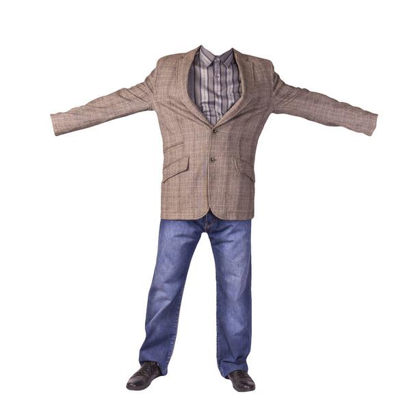 men's button light brown jacket, men's blue jeans, leather black shoes and gray striped shirt isolated on white background - Photo, Image