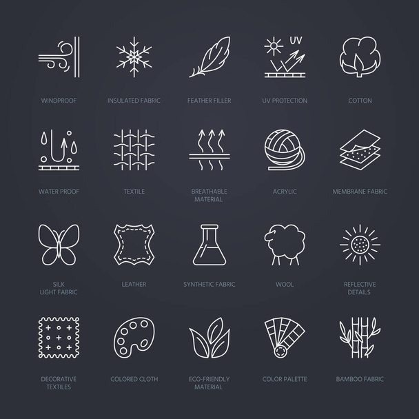 Vector line icons of fabric feature, garments property symbols. Elements - cotton, wool, waterproof, uv protection. Linear wear labels, textile industry pictograms with editable stroke for clothes. - Vector, Image
