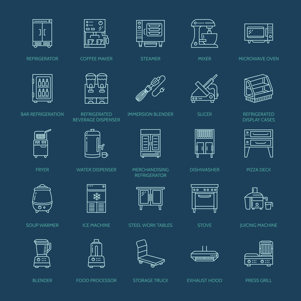 Restaurant professional equipment line icons. Kitchen tools, mixer, blender, fryer, food processor, refrigerator, steamer, microwave oven. Thin linear signs for commercial cooking equipment store. - Vector, Image