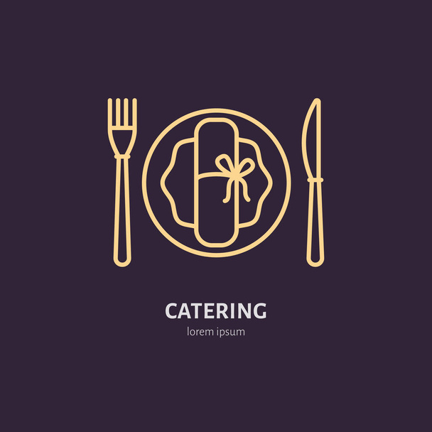 Plaque avec icône de ligne de fourchette et couteau. Logo vectoriel pour service traiteur. Illustration linéaire pour menu café ou restaurant. - Vecteur, image