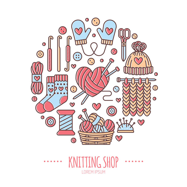Knitting, crochet, hand made banner illustration. Vector line icon knitting needle, hook, scarf, socks, pattern, wool skeins and other DIY equipment. Yarn or tailor store template. - Вектор,изображение