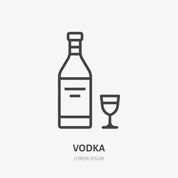 Vodka flat line icon. Vector thin sign of alcohol bottle, glass logo. Aperitif drink outline illustration for bar menu. - Vector, Image