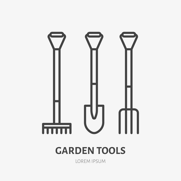 Jardín herramientas de trabajo icono de línea plana. Pala, rastrillo y horquilla. Logotipo lineal delgado para jardinería, agricultura. - Vector, imagen