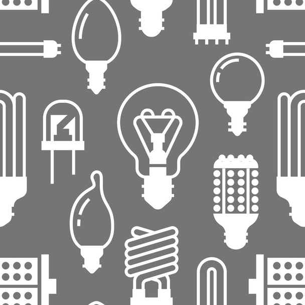 Light bulbs seamless pattern with flat glyph icons. Led lamps types, fluorescent, filament, halogen, diode and other illumination. Modern grey white background signs for electric store. - Vector, Image