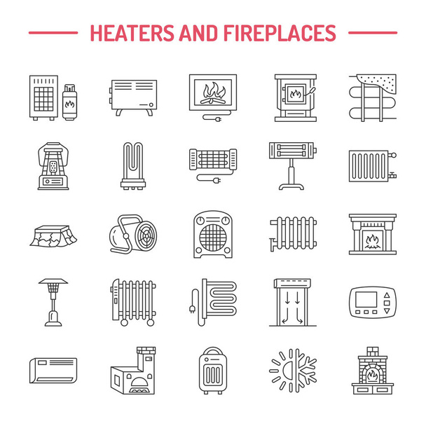 Su kazanı, termostat, elektrikli gaz ısıtıcıları ve diğer ev ısıtma aletleri ikonları. İnce doğrusal piktogram. Ekipman depolama işaretleri. - Vektör, Görsel