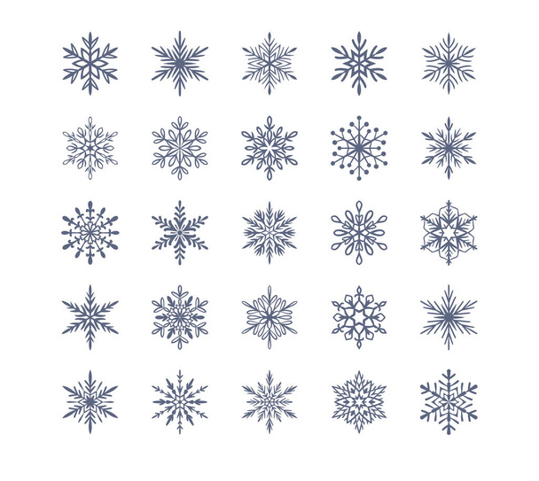 白い背景に隔離されたかわいい雪の結晶コレクション。平らな雪のアイコン、雪のフレークシルエット。クリスマスのバナー、カードのための素敵な要素。新年の飾り。有機的で幾何学的な雪の結晶. - ベクター画像