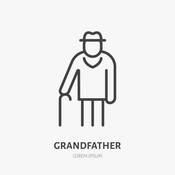 Icona della linea del vecchio, pittogramma vettoriale del nonno con bastone. Anziani cura illustrazione, persone segno. - Vettoriali, immagini