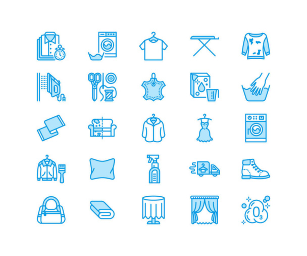 Dry cleaning, laundry flat line icons. Launderette service equipment, washer machine, shoe shine, clothes repair, garment ironing and steaming. Washing thin linear signs. Pixel perfect 64x64. - Vektori, kuva