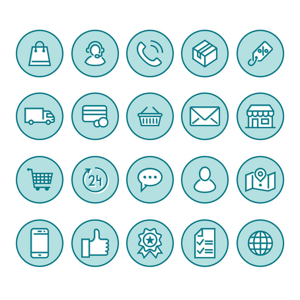 Online shopping flat line icons. E-commerce business, contacts, support, social networks, shop basket, sale, delivery illustrations. Thin signs for web store. - Vector, Image
