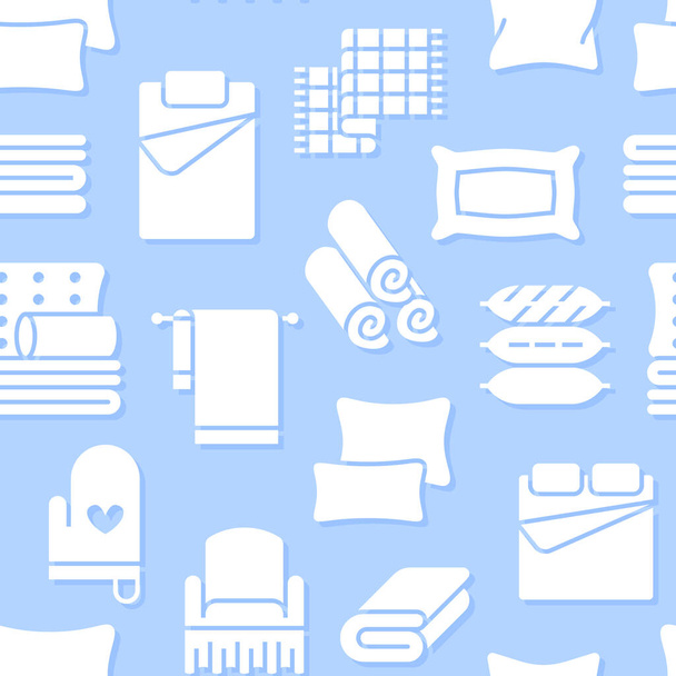 Home textiles seamless pattern with flat glyph icons. Bedding, bedroom linen, pillows, sheets set, blanket and duvet silhouette illustrations. Blue white background for interior store. - Διάνυσμα, εικόνα