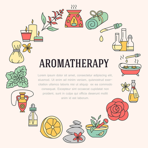 Aromatherapy and essential oils brochure template. Vector line illustration of aromatherapy diffuser, oil burner, spa candles, incense sticks, herbal bag massage. Aromatherapy poster, editable stroke - Vector, Image