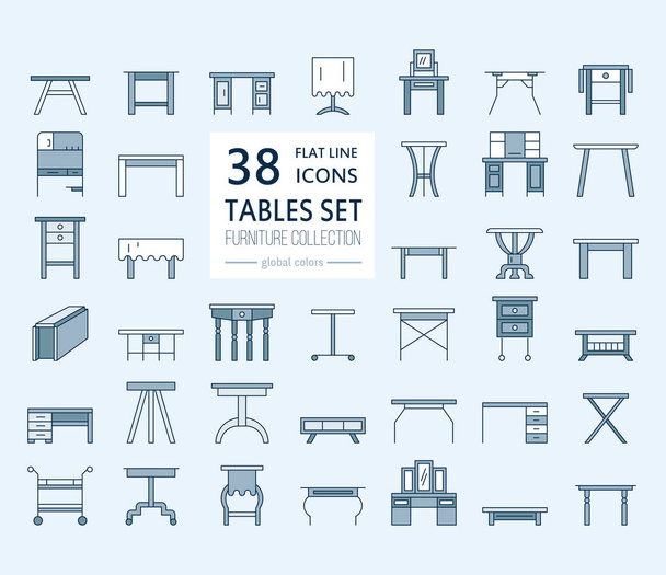 Vector furniture line icons, table symbols. silhouette of different table - dinner, writing, dressing table. Linear desk pictograms with editable stroke for furniture store, platen storage. - Vector, Image