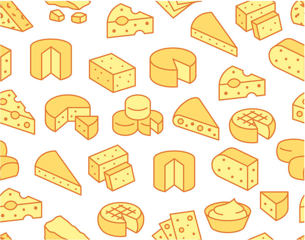 フラットラインアイコンとチーズシームレスパターン。ベクトル背景、乳製品店のためのパルメザン、モッツァレラ、ヨーグルト、オランダ語、リコッタ、バター、ブルーチーズの作品のイラスト。オレンジ、白. - ベクター画像