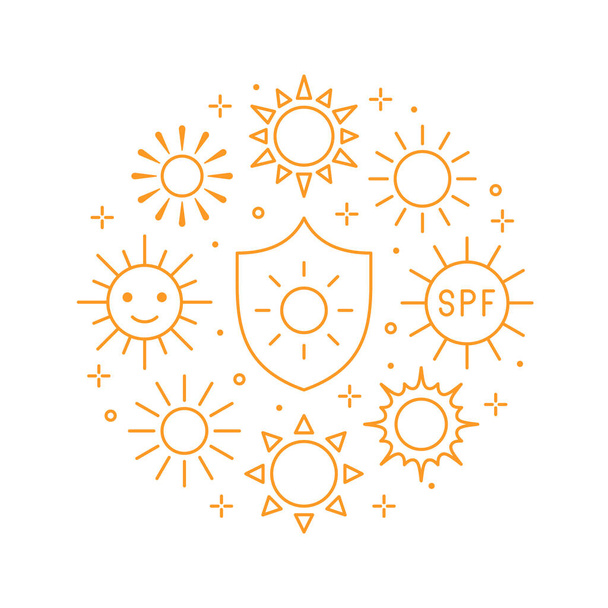 Sonnenkreis-Konzept mit flachen Linien-Symbolen. Sonnenschein, sonniges Wetter, Sommerhitze, Sonnenschutzmittel für die Haut. Umrisse für UV-Schutzbroschüre. - Vektor, Bild