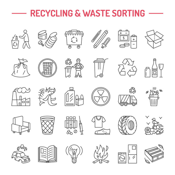 Modern vector line icon of waste sorting, recycling. Garbage collection. Recyclable waste - paper, glass, plastic, metal. Linear pictogram with editable stroke for brochure of waste management - Vector, Image