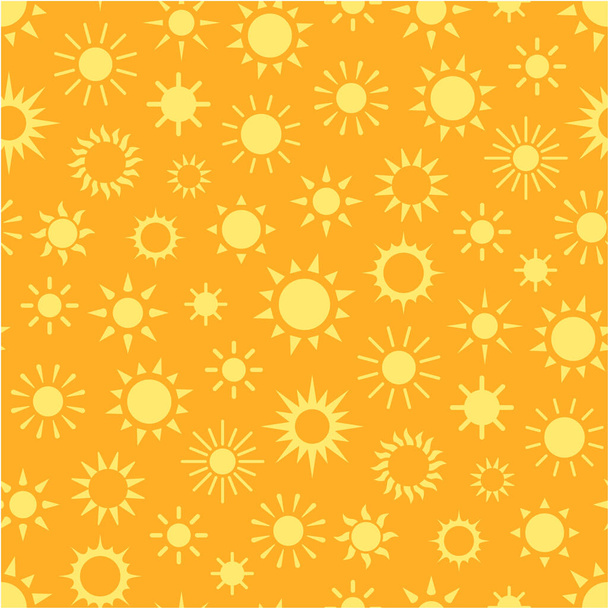 Sonnennahtloses Muster mit flachen Silhouetten-Symbolen. Sonniger Sommer Hintergrund für Baby-Stoff, Hautpflege Creme spf Broschüre, orange gelbe Farbe abstrakten Hintergrund. - Vektor, Bild