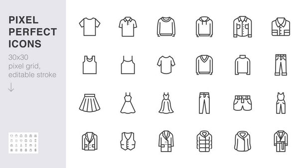 服のアイコンセット。ドレス、ポロtシャツ、ジーンズ、冬のコート、ジャケットパンツ、スカート最小ベクトルイラスト。ファッションアプリケーションのための簡単なアウトライン記号。30 × 30ピクセルパーフェクト。編集可能なストローク. - ベクター画像