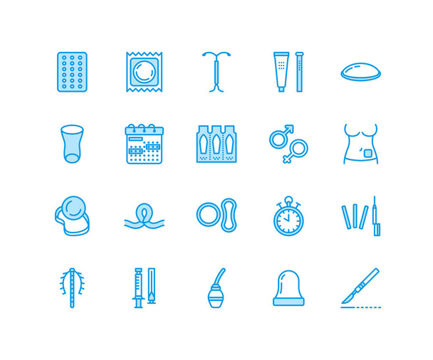 Contraceptive methods line icons. Birth control equipment, condoms, oral contraceptives, iud barrier contraception, vaginal ring, sterilization. Safe sex signs for medical clinic. Pixel perfect 64x64. - Vector, Image