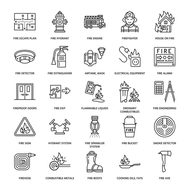 Firefighting, fire safety equipment flat line icons. Firefighter, fire engine extinguisher, smoke detector, house, danger signs, firehose. Flame protection thin linear pictogram. - Vector, Image