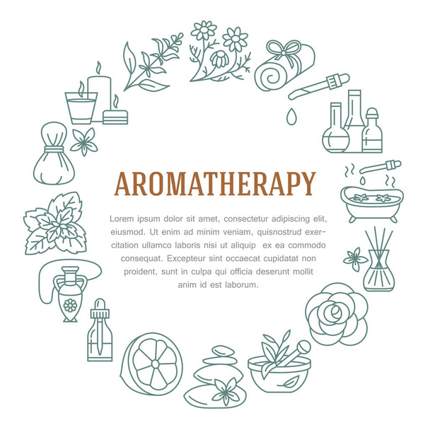 Aromatherapie en etherische oliën cirkel template. Vector lijn illustratie van aromatherapie diffuser, olie brander, spa kaarsen, wierookstokjes, kruidenzak massage. Etherische oliën poster, bewerkbare slag - Vector, afbeelding