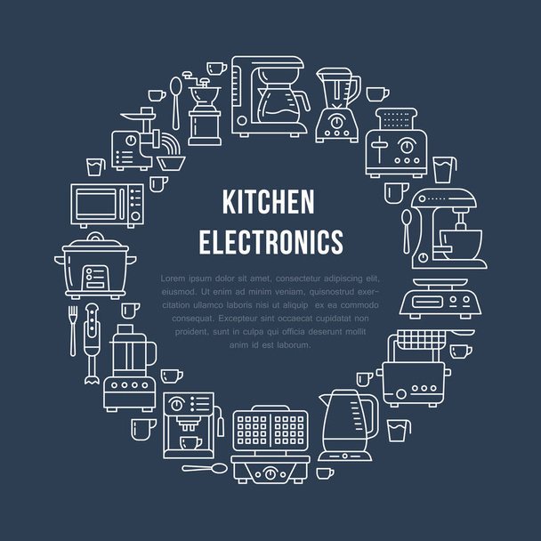 Kuchyně malé spotřebiče vybavení banner ilustrace. Vektorová ikona kuchyňského nářadí pro domácnost - mixér, kávovar, mikrovlnná trouba, toustovač. Šablona kruhu elektroniky s místem pro text - Vektor, obrázek