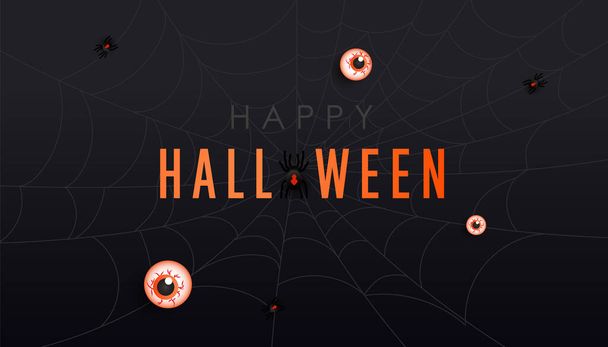 Feliz banner escuro halloween ou modelo de fundo convite festa. Aranhas assustadoras em teias de aranha, morcegos e globos oculares em fundo gradiente preto - Vetor, Imagem