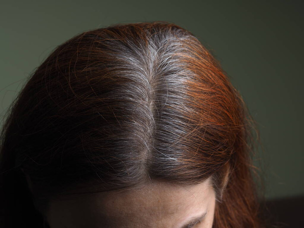 cabeza de una mujer con el pelo gris teñido con henna - Foto, Imagen