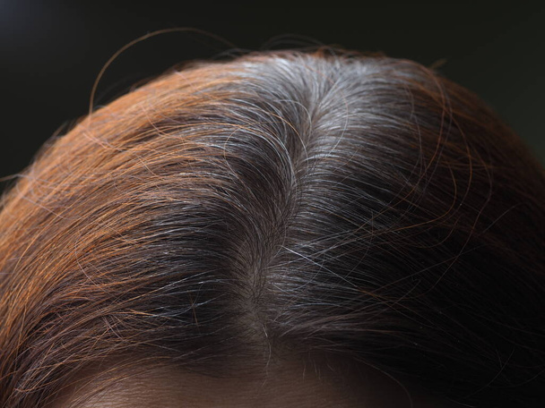hlava ženy s šedými vlasy obarvenými henna - Fotografie, Obrázek