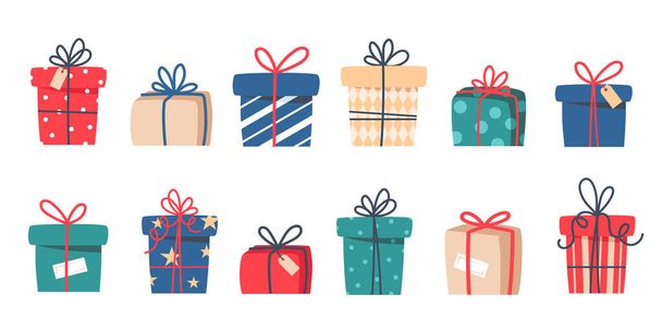 Conjunto de presentes de Natal, presentes de Ano Novo, caixas de presente com fitas, ilustração vetorial em estilo plano - Vetor, Imagem