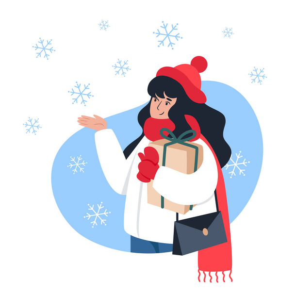 Жінка тримає подарунок і ловить сніжинки рукою, зимову прогулянку, різдвяний настрій. Векторна ілюстрація для вітальної листівки та веб-дизайну сайтів і сторінок
 - Вектор, зображення