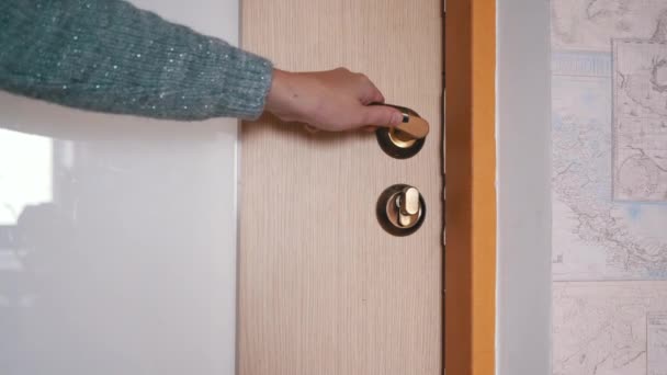 La mano femenina abre y cierra la puerta interior usando la manija de la puerta. - Metraje, vídeo