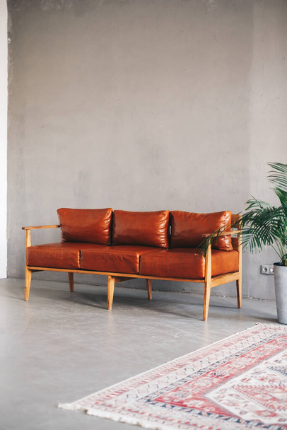 Interior design of modern living room with brown leather sofa and home plants. High quality photo - 写真・画像