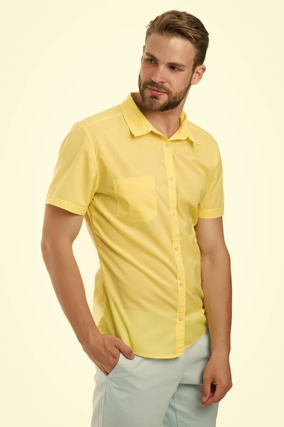 Spring collection. Casual style. Man posing confidently. Man attractive in casual shirt. Fashion model wear casual shirt. Feel comfortable in simple outfit. Casual comfortable outfit. Modern style - Foto, Imagem