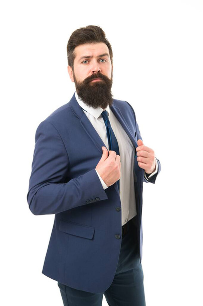 Modern businessman ofiice worker. Office life concept. He knows who is boss here. Bearded man confident posture isolated white. Hipster with beard formal suit office worker.Businessman formal suit - Zdjęcie, obraz