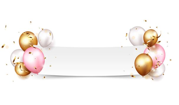 Vector Illustration of Celebration banner with gold confetti and balloons - Vector, Image