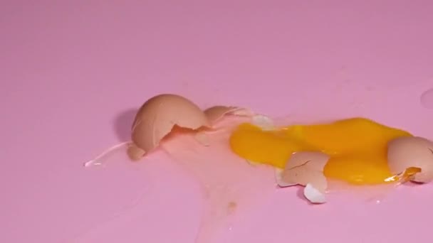 L'uovo di pollo è caduto e si è rotto su sfondo rosa. Risoluzione 4k video al rallentatore. - Filmati, video