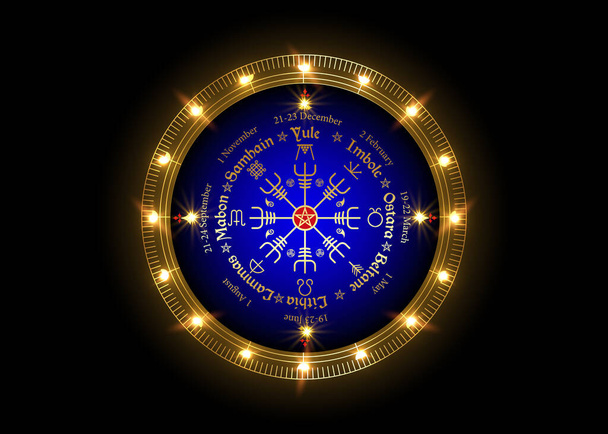 今年のホイールは、多くの現代のパガン人によって観察される季節の祭りの年間サイクルです。ウィッカのカレンダーと休日。Norse Vegvisir Compass and pentagram symbol, name in the Celtic of the Solstices - ベクター画像