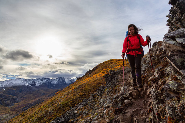 Woman Backpacking in Scenic Mountain Landscape - Foto, Imagem