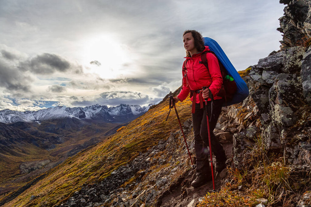 Woman Backpacking in Scenic Mountain Landscape - Valokuva, kuva