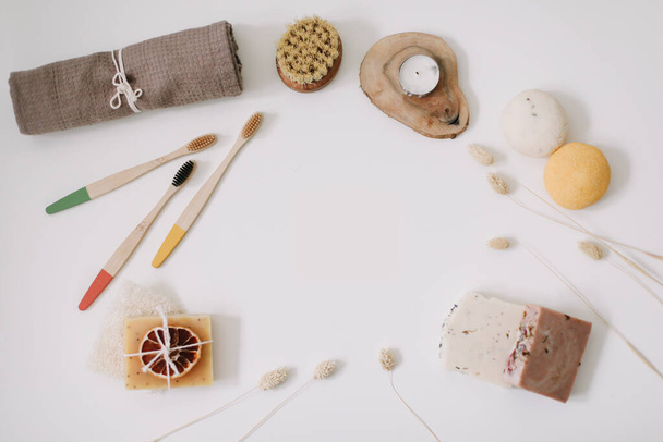 Natural kitchen and bath products. Toothbrush, soap bar, luffa, towel. Zero waste living concept, Plastic free. top view, flatlay - Fotografie, Obrázek