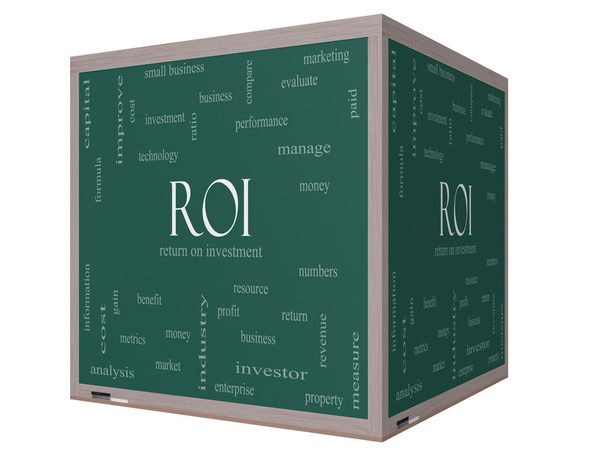 ROI έννοια σύννεφο λέξη σε ένα 3d κύβος μαυροπίνακα - Φωτογραφία, εικόνα