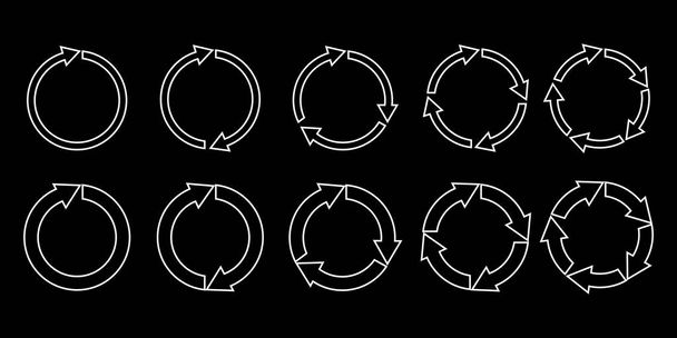 Vektor Weiße Kreise mit Pfeilen auf schwarzem Hintergrund. Reload und Replay-Symbol. Archivbild. EPS 10. - Vektor, Bild