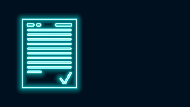 Linha de néon brilhante Folha de exame com ícone de marca de seleção isolado no fundo preto. Teste de papel, exame ou conceito de pesquisa. Teste ou exame escolar. Animação gráfica em movimento de vídeo 4K - Filmagem, Vídeo